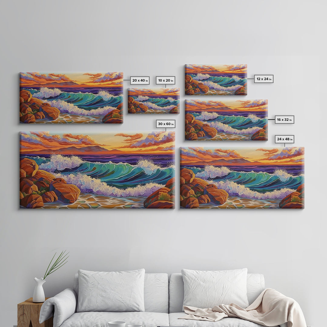 Coastal Splash, Sunset Rocks, Ocean Wave, Framed Canvas Print, Bold Nature Wall Art, Living Room Decor, Vibrant Seaside Artwork
