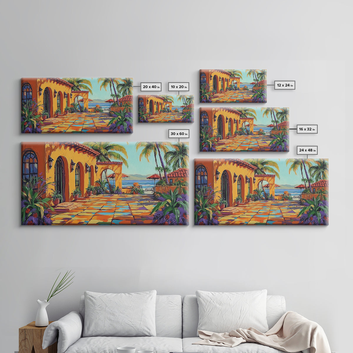 Coastal Patio, Palm View, Sunset, Canvas Print, Mexican beach terrace painting great Entryway Wall Art or Mediterranean Home Decor