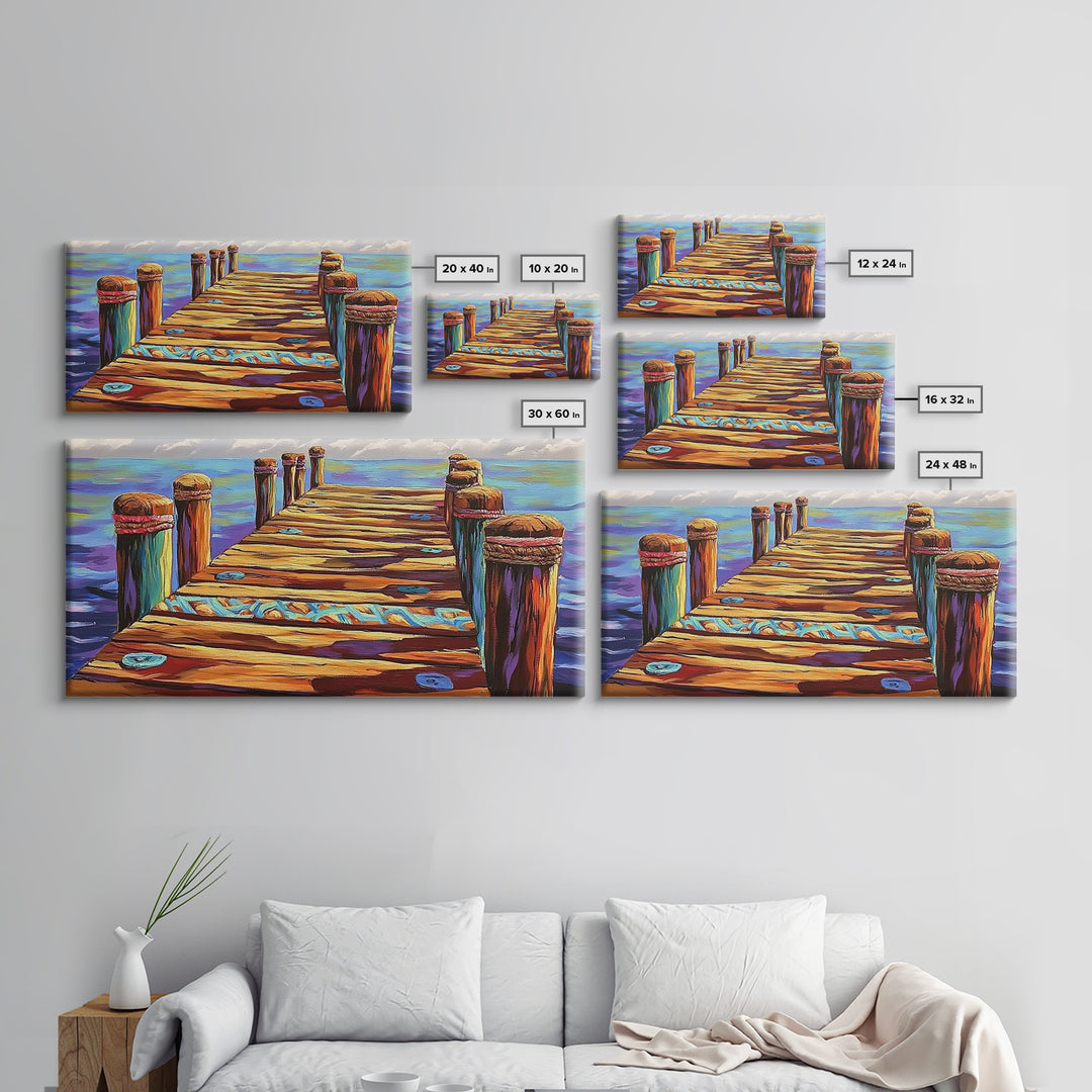 Dock View, Ocean, Coastal Path, Framed Canvas Print, Vibrant pier artwork ideal Beach House Wall Art or Nautical Entryway Decor