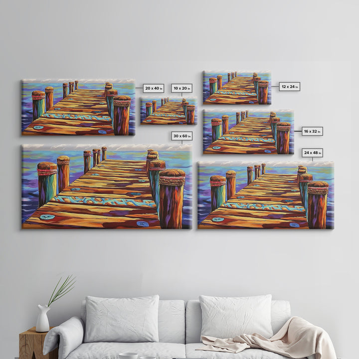 Dock View, Ocean, Coastal Path, Framed Canvas Print, Vibrant pier artwork ideal Beach House Wall Art or Nautical Entryway Decor