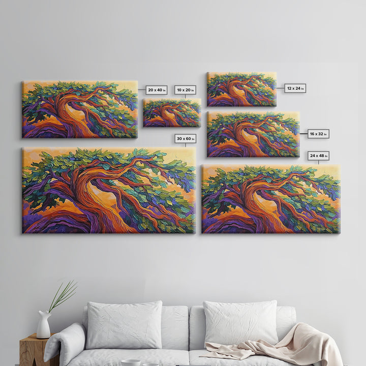 Whimsical Tree, Autumn Sky, Nature, Canvas Print, Bright textured tree painting perfect Fall Bedroom Wall Art or Boho Living Room Art
