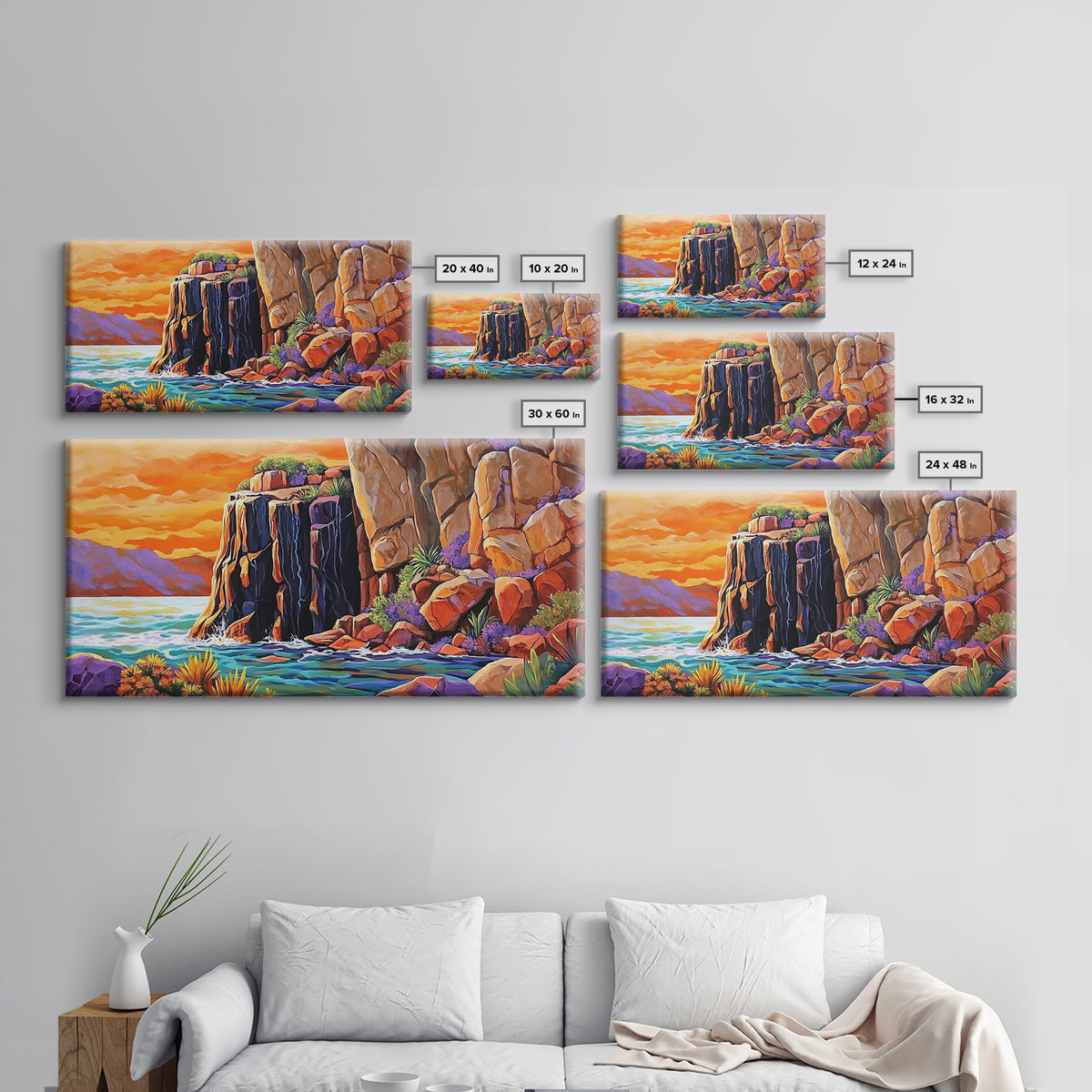 Desert Sunset, Cliffs, Nature, Framed Canvas Print, rocky cliffs and sea, Boho Living Room Wall Art, colorful sunset art, coastal vibes
