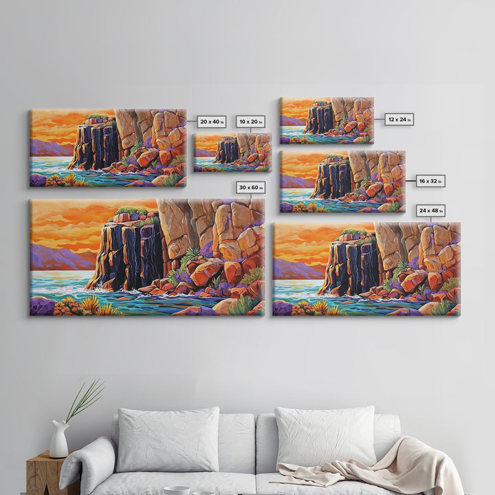 Desert Sunset, Cliffs, Nature, Framed Canvas Print, rocky cliffs and sea, Boho Living Room Wall Art, colorful sunset art, coastal vibes