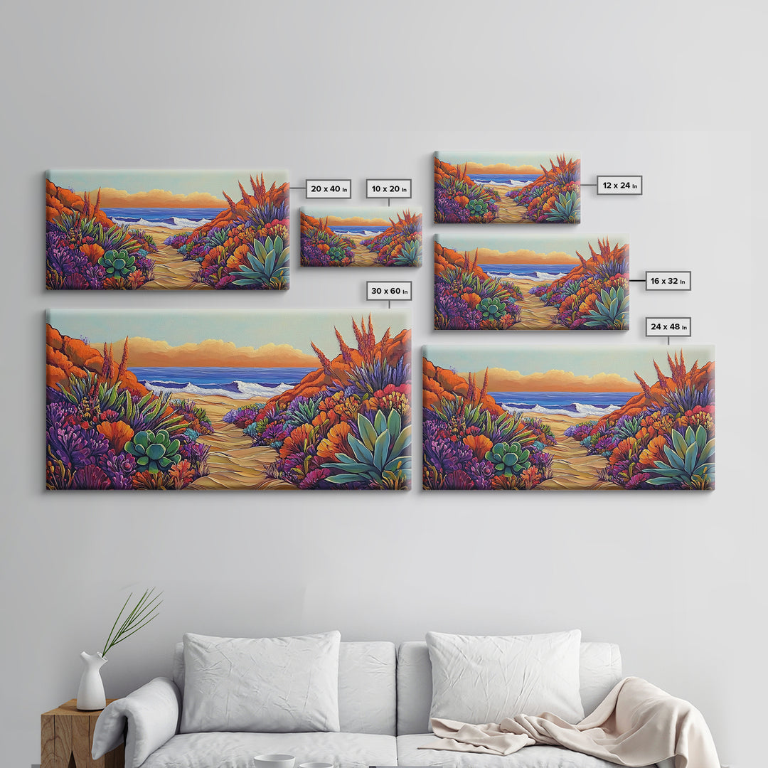 Beach Trail, Succulents, Ocean Path, Framed Canvas Print, Vibrant desert-to-ocean painting perfect Kitchen Wall Art or Boho Coastal Decor