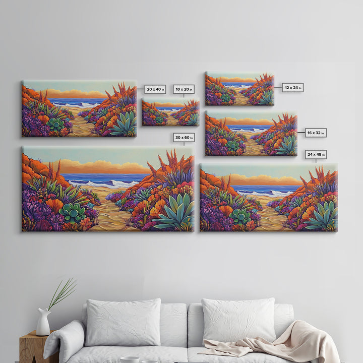 Beach Trail, Succulents, Ocean Path, Framed Canvas Print, Vibrant desert-to-ocean painting perfect Kitchen Wall Art or Boho Coastal Decor