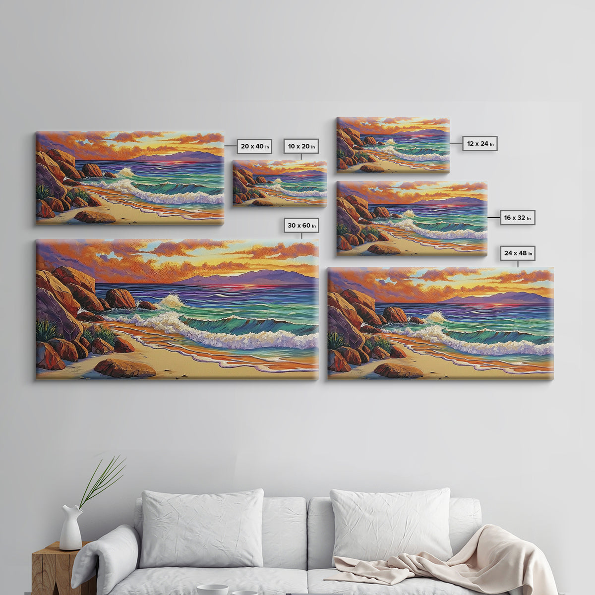 Coastal Sunset, Waves, Shore, Framed Canvas Print, ocean beach decor, seascape living room wall art, tropical boho coastal style