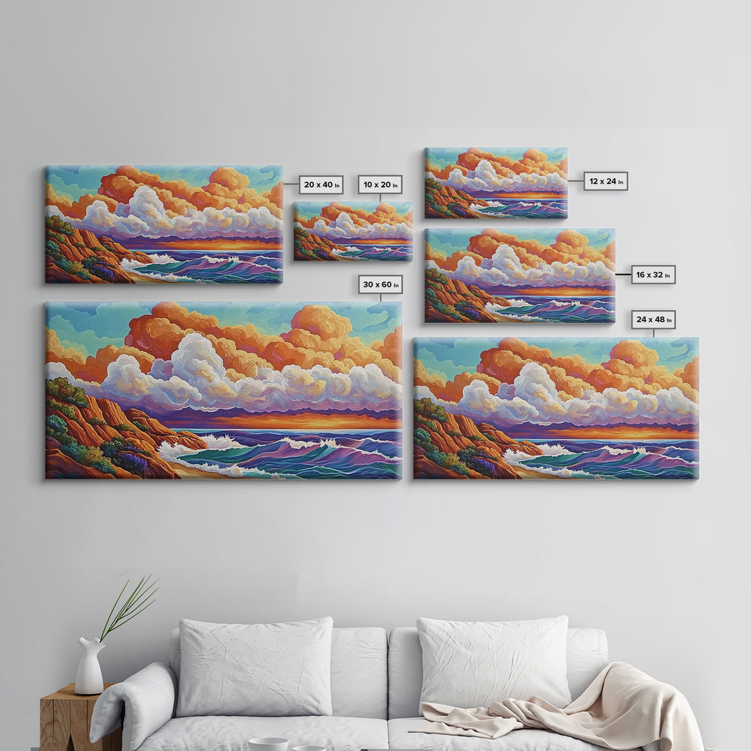 Clouds Ocean, Sunset, Dreamy, Framed Canvas Print, whimsical seascape, vibrant wave art, living room decor, beach wall art