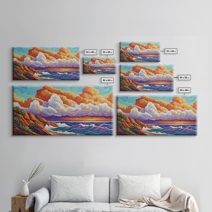 Clouds Ocean, Sunset, Dreamy, Framed Canvas Print, whimsical seascape, vibrant wave art, living room decor, beach wall art