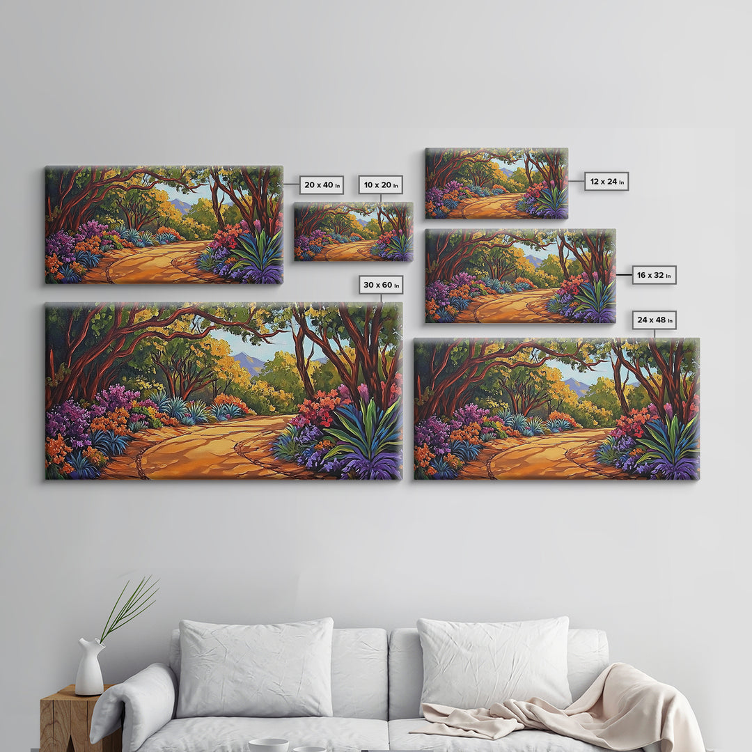 Nature Pathway, Garden, Trees, Framed Canvas Print, vibrant forest trail art, spring botanical decor, living room boho landscape