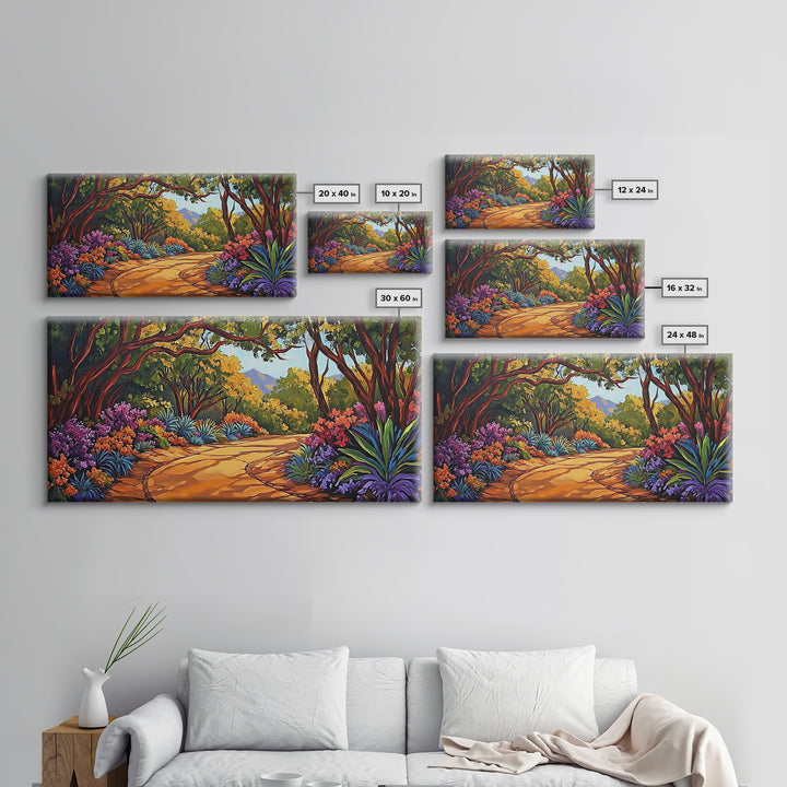 Nature Pathway, Garden, Trees, Framed Canvas Print, vibrant forest trail art, spring botanical decor, living room boho landscape