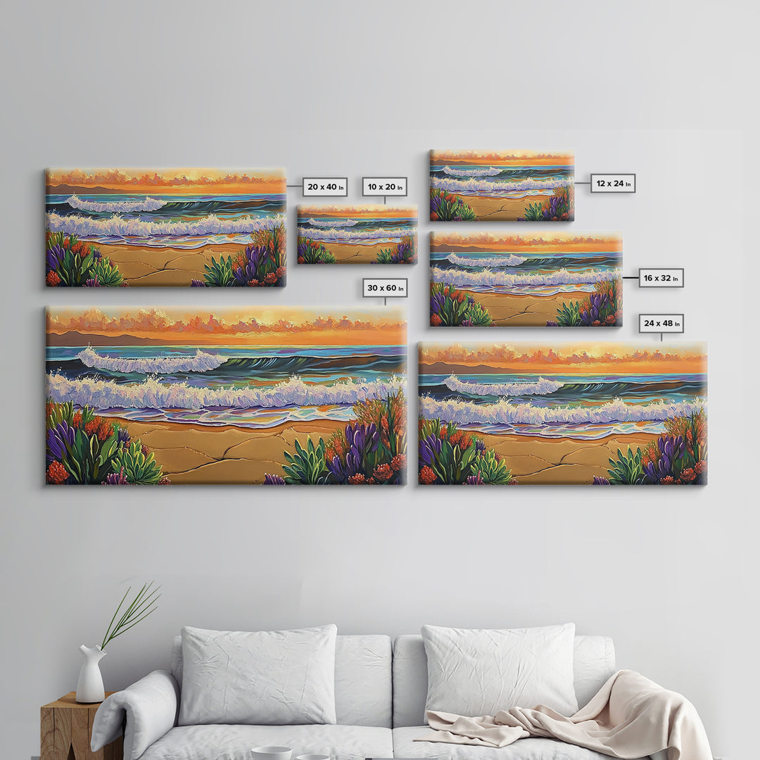 Ocean Sunset, Waves, Coastal, Canvas Print, ocean waves at sunset, Coastal Wall Art, vibrant seascape decor, beach house art