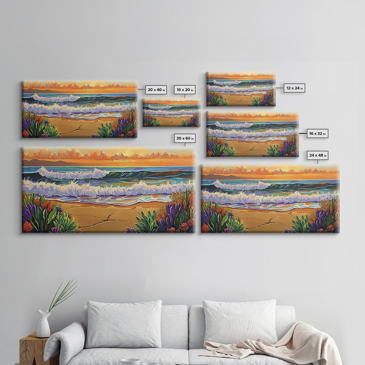 Ocean Sunset, Waves, Coastal, Canvas Print, ocean waves at sunset, Coastal Wall Art, vibrant seascape decor, beach house art