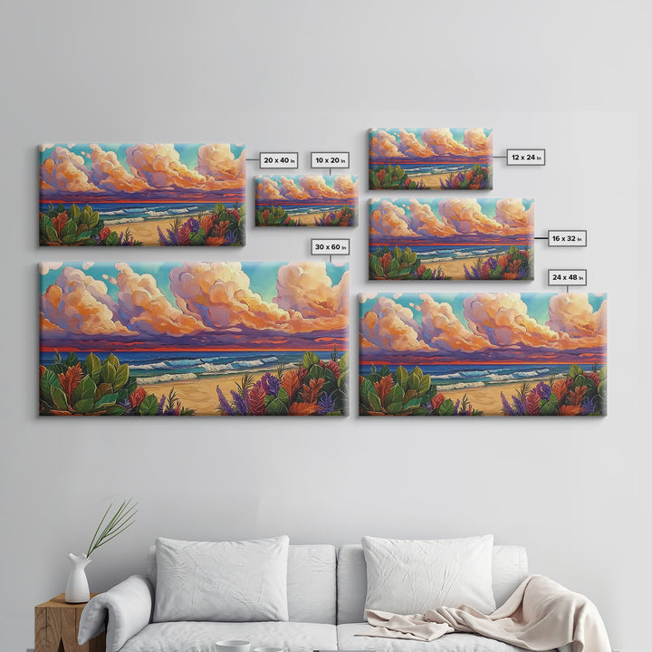 Tropical Beach, Clouds, Canvas Print, Colorful coastal beach artwork with dramatic clouds and waves, Bathroom Wall Art, coastal style