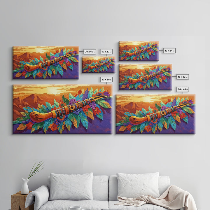 Native Flute, Flowers, Sunset, Framed Canvas Print, Spiritual Native American flute art with flowers and mountains, Boho Wall Art