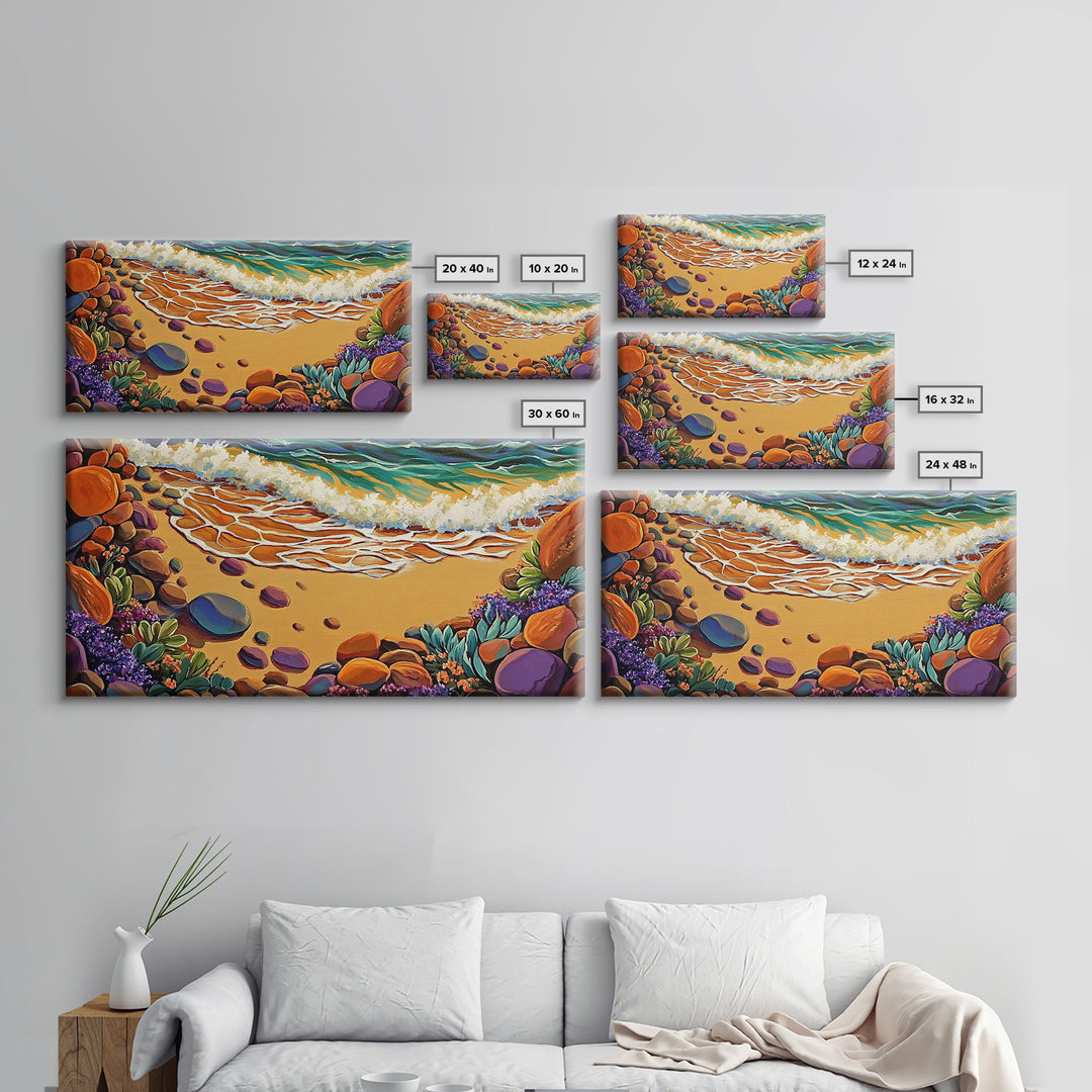 Coastal Shoreline, Footprints, Framed Canvas Print, Coastal beach waves and footprints art with colorful rocks, Bathroom Wall Art