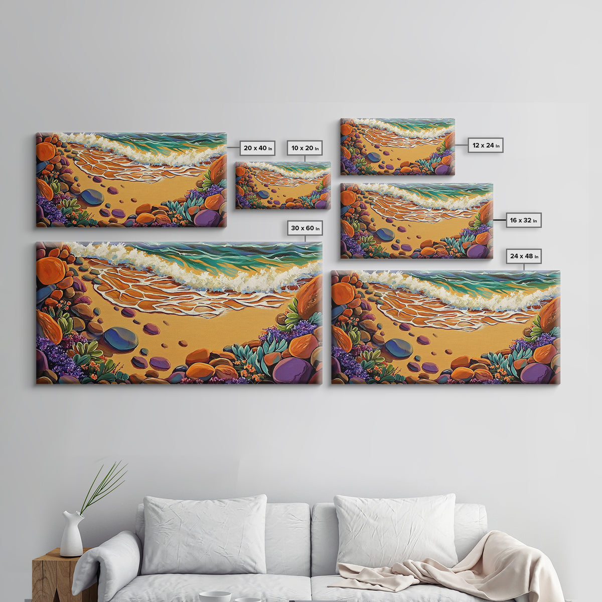 Coastal Shoreline, Footprints, Framed Canvas Print, Coastal beach waves and footprints art with colorful rocks, Bathroom Wall Art