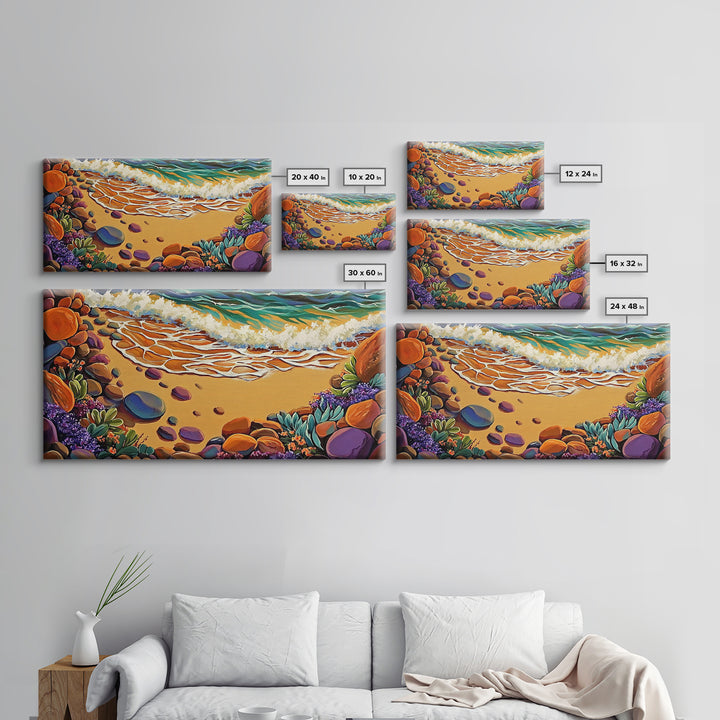 Coastal Shoreline, Footprints, Framed Canvas Print, Coastal beach waves and footprints art with colorful rocks, Bathroom Wall Art