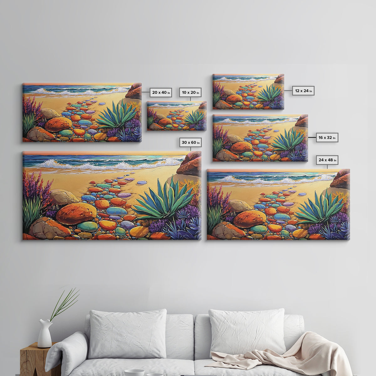 Beach Path, Ocean, Sunset, Canvas Print, Colorful beach path with stones and ocean waves, vibrant coastal Living Room Wall Art