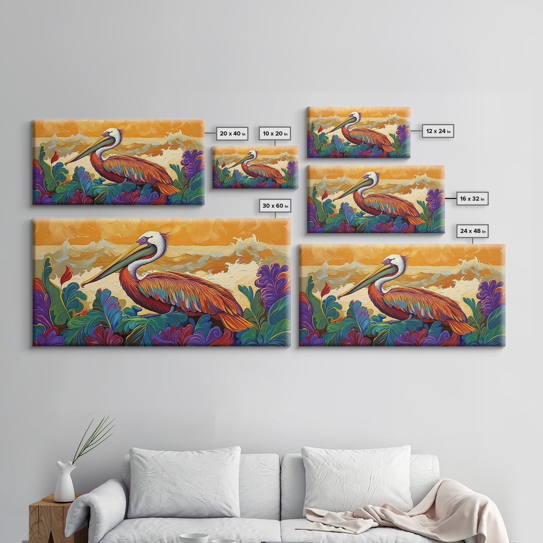 Pelican, Waves Tropical, Canvas Print, Bright tropical pelican artwork with ocean waves and foliage, great Bathroom Wall Art