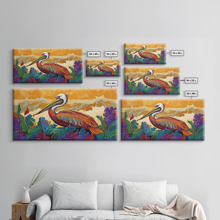 Pelican, Waves Tropical, Canvas Print, Bright tropical pelican artwork with ocean waves and foliage, great Bathroom Wall Art