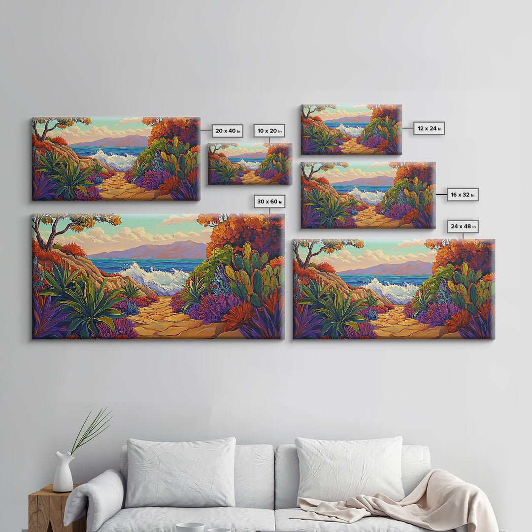 Ocean Path, Sunset, Nature, Canvas Print vibrant coastal wall art, autumn cactus decor, tropical landscape painting, entryway art