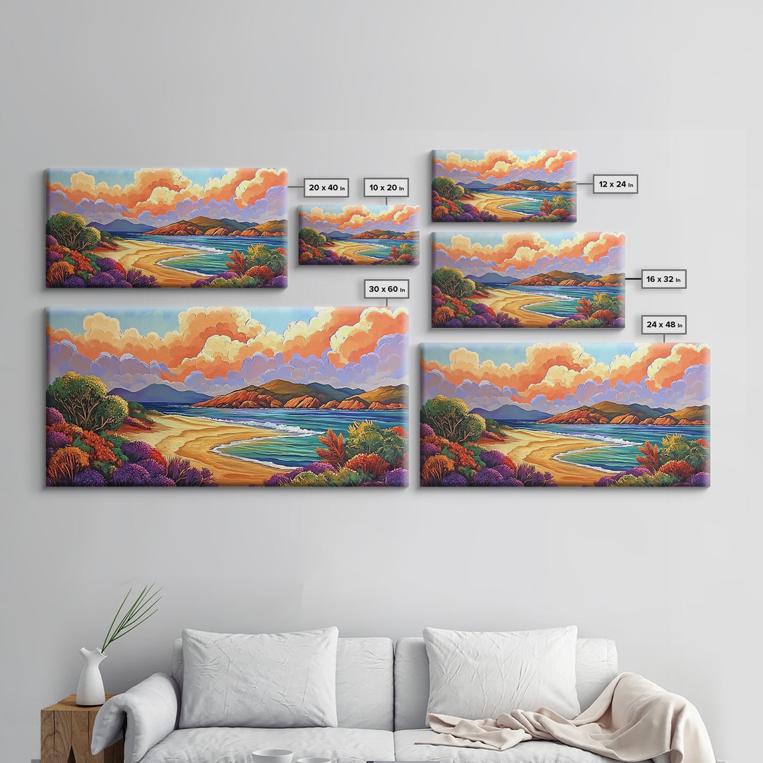 Beach Clouds, Coastal, Pastel, Framed Canvas Print soft tropical seascape painting, ocean view boho art, serene living room print