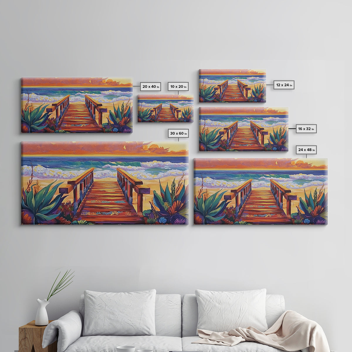 Beach Boardwalk, Sunset, View, Framed Canvas Print, boardwalk to beach, Coastal Entryway Art, sunset seascape painting, ocean cottage