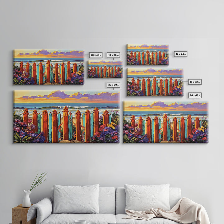 Ocean Fence, Flowers, Canvas Print, Coastal Wall Art, Beach House Decor, Nautical Art, Seaside Painting, Sunset Art, Vibrant Living Room