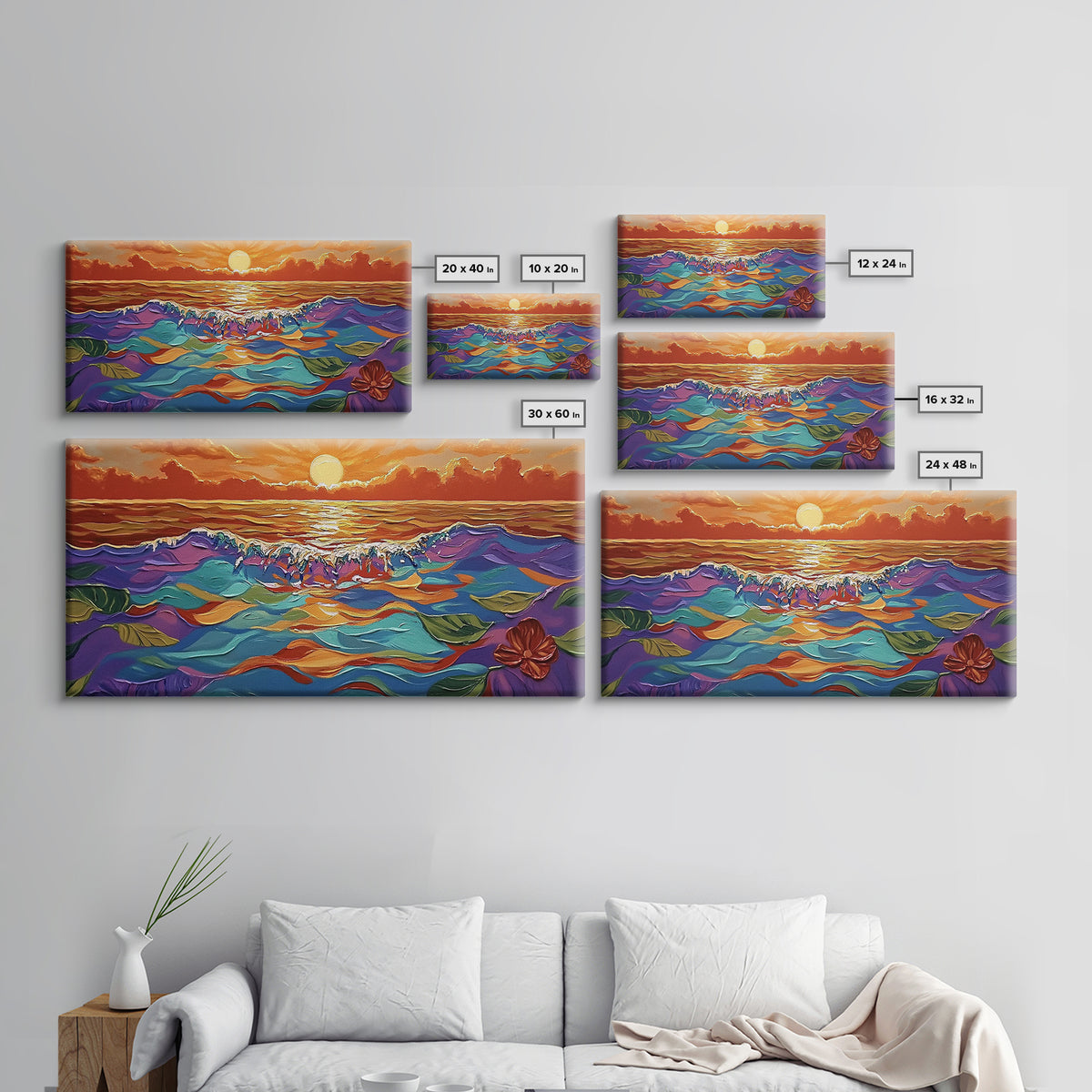 Ocean Sunset, Petals, Framed Canvas Print, Beachy Living Room Decor, Vibrant Seascape Art, Tropical Floral Painting, Boho Home Accent