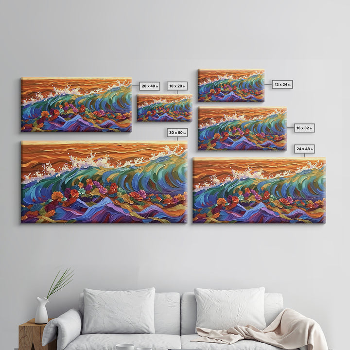 Sunset Ocean, Bold Waves, Color Splash, Canvas Print, Vibrant Seascape Art, Beach House Decor, Coastal Living Room Wall Art