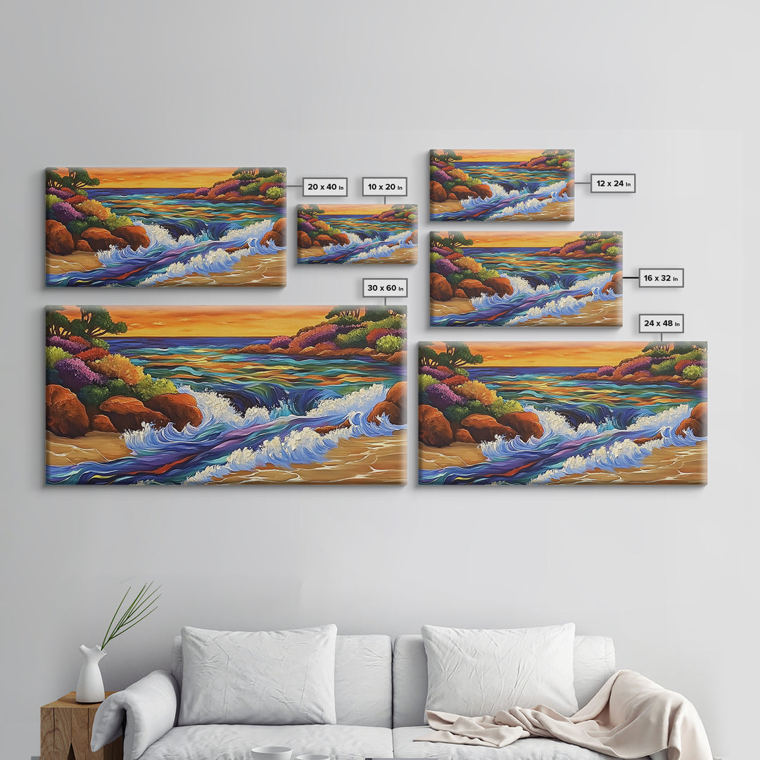 Coastal Stream, Sunset Shore, Nature Escape, Canvas Print, Tropical Landscape Wall Art, Vibrant Living Room or Office Decor