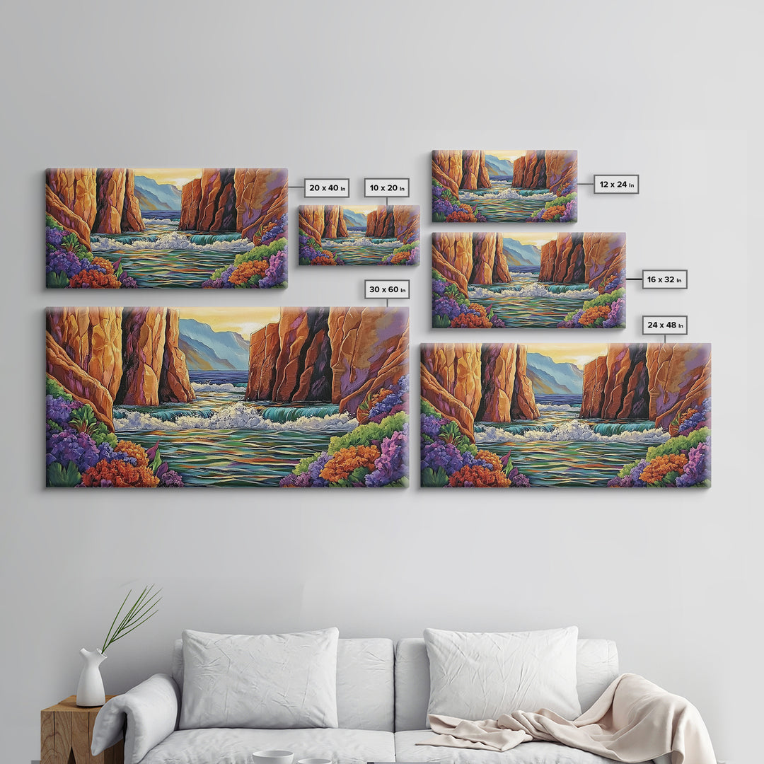 Canyon Cliffs, Ocean View, Sunset Water, Framed Canvas Print, Vibrant Landscape Wall Art, Office or Entryway Nature Decor