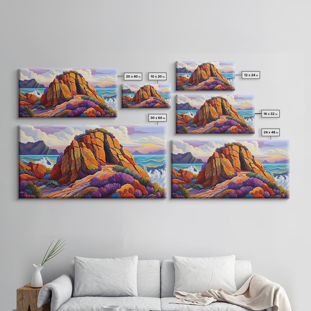 Ocean Cave, Rocky Coast, Lavender Brush, Framed Canvas Print, Bold Nature Wall Art, Vibrant Bedroom or Study Coastal Decor