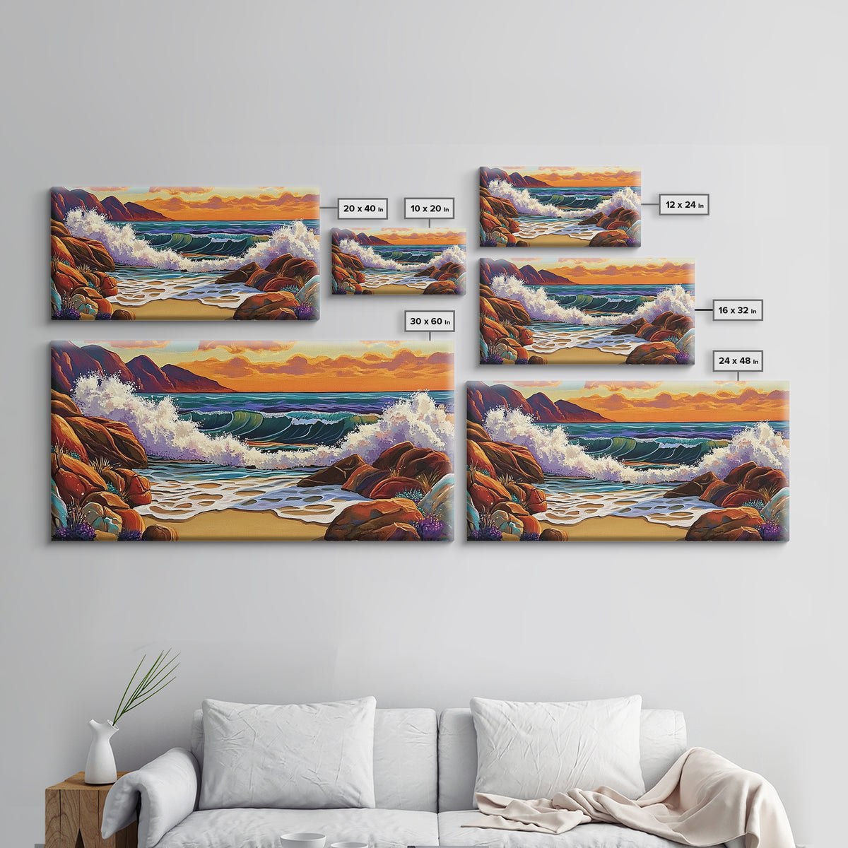 Sunset Surf, Crashing Waves, Coastal Mountains, Canvas Print, Vibrant Seascape Wall Art, Beach House Art, Bathroom Ocean Decor