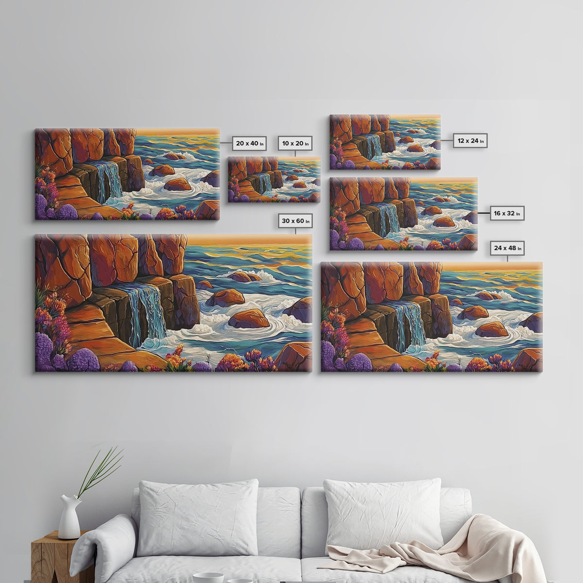 Cliffside Waterfall, Ocean Swirls, Sunset Tide, Framed Canvas Print, Nature Landscape Wall Art, Bold Boho Living Room Decor