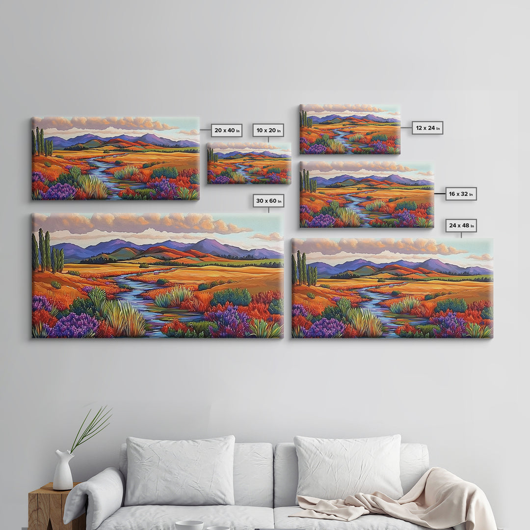 Autumn River, Golden Fields, Mountain View, Canvas Print, Fall Landscape Wall Art, Rustic Living Room Art, Seasonal Entryway Decor