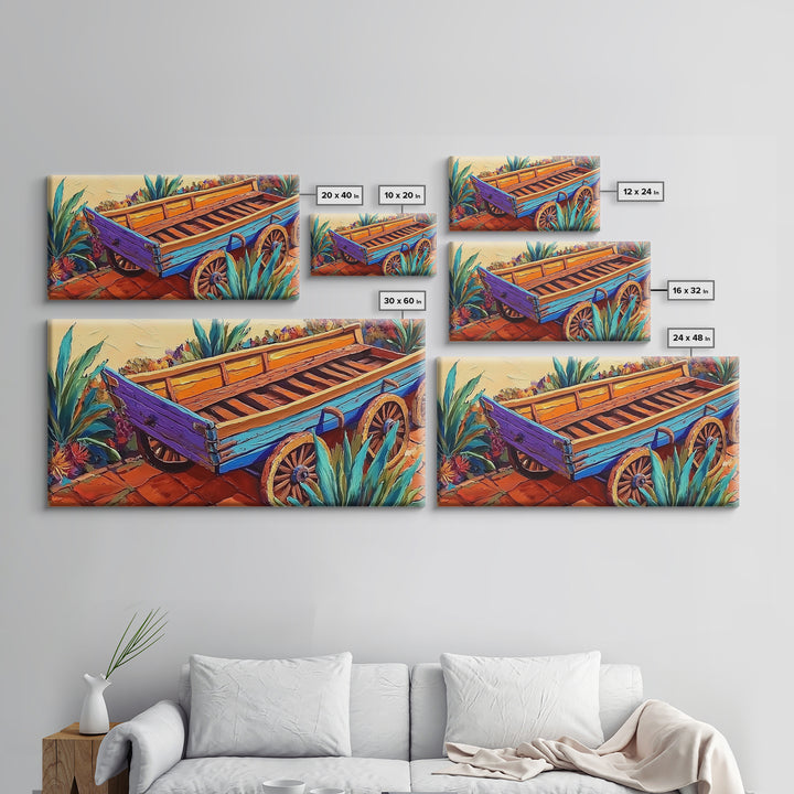Painted Wagon, Rustic Charm, Color Pop, Framed Canvas Print, Western Farmhouse Wall Art, Vibrant Kitchen Print, Entryway Decor