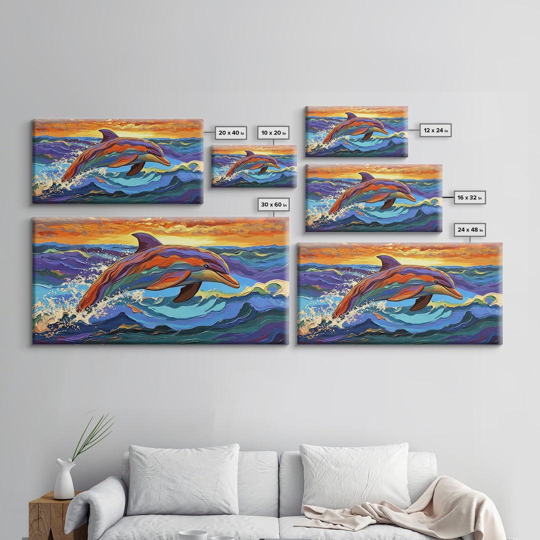 Dolphin Ocean, Sunset, Vibrant, Jumping Dolphin Canvas Print, Beach House Wall Art, Vibrant Ocean Scene, Kids Room Decor, Summer Art