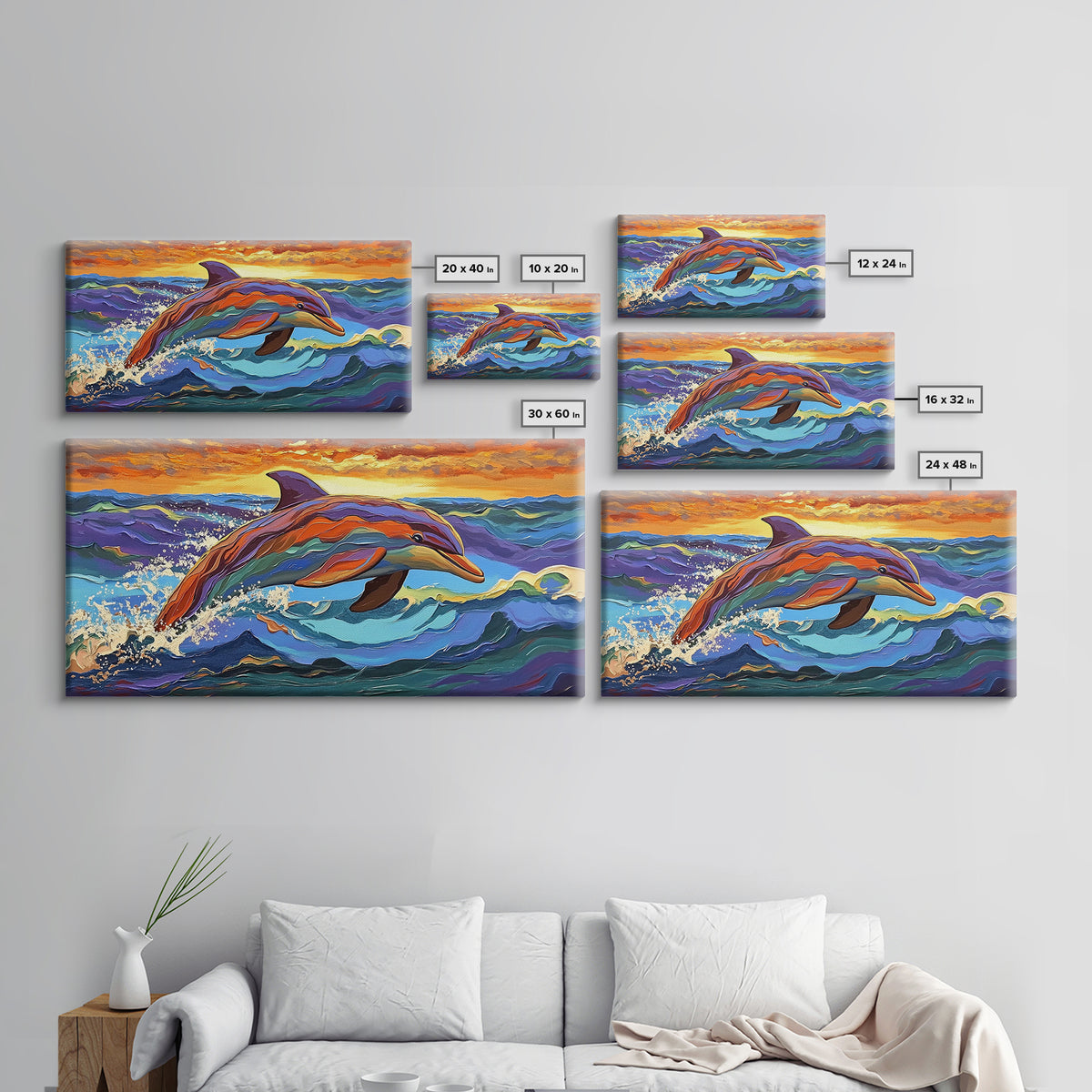 Dolphin Ocean, Sunset, Vibrant, Jumping Dolphin Canvas Print, Beach House Wall Art, Vibrant Ocean Scene, Kids Room Decor, Summer Art