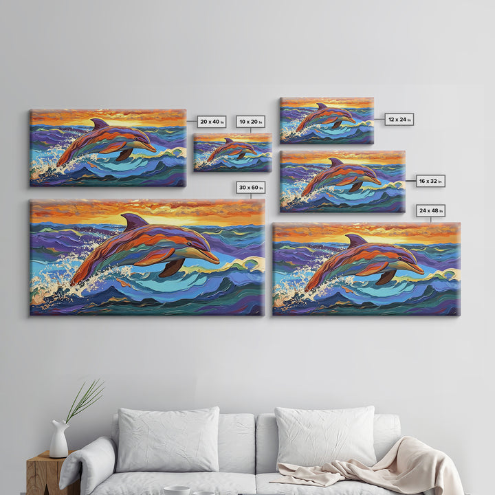 Dolphin Ocean, Sunset, Vibrant, Jumping Dolphin Canvas Print, Beach House Wall Art, Vibrant Ocean Scene, Kids Room Decor, Summer Art
