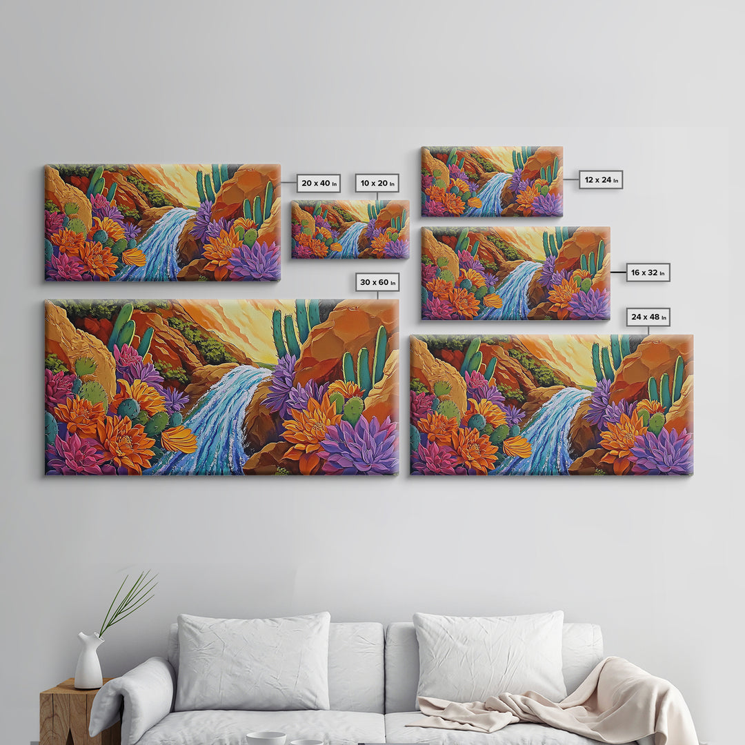 Cactus Canyon, Flowers, Waterfall, Framed Canvas Print Bright desert wall art, boho botanical painting, vibrant hallway home decor