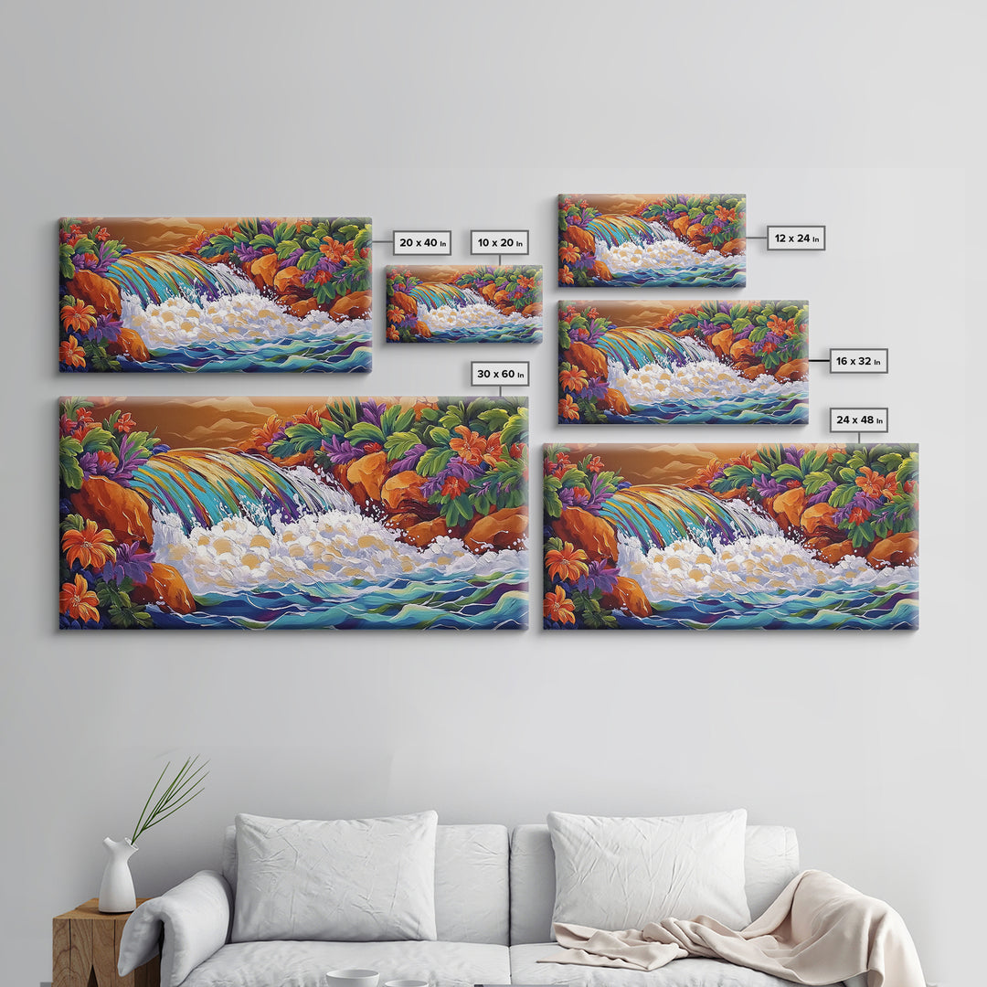 Rainbow, Waterfall, Jungle, Sunset, Framed Canvas Print Tropical boho art, bathroom art, living room decor, floral nature painting