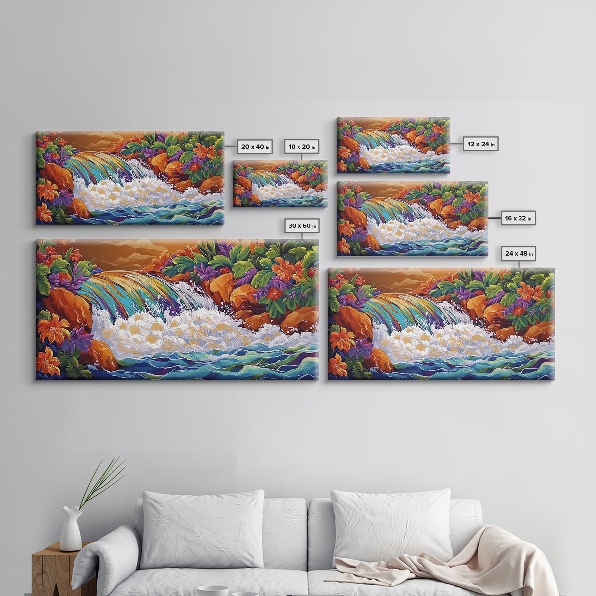 Rainbow, Waterfall, Jungle, Sunset, Framed Canvas Print Tropical boho art, bathroom art, living room decor, floral nature painting