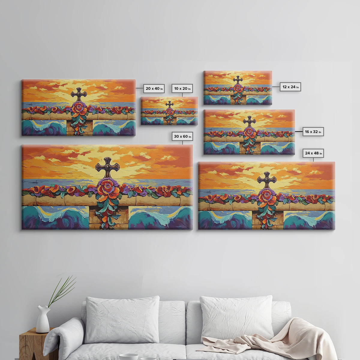 Cross Sunset, Flowers, Spiritual, Coastal Cross Sunset Framed Canvas Print, Christian Wall Art, Floral Beach Decor, Living Room Art