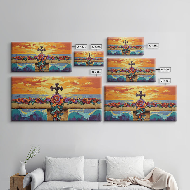 Cross Sunset, Flowers, Spiritual, Coastal Cross Sunset Framed Canvas Print, Christian Wall Art, Floral Beach Decor, Living Room Art