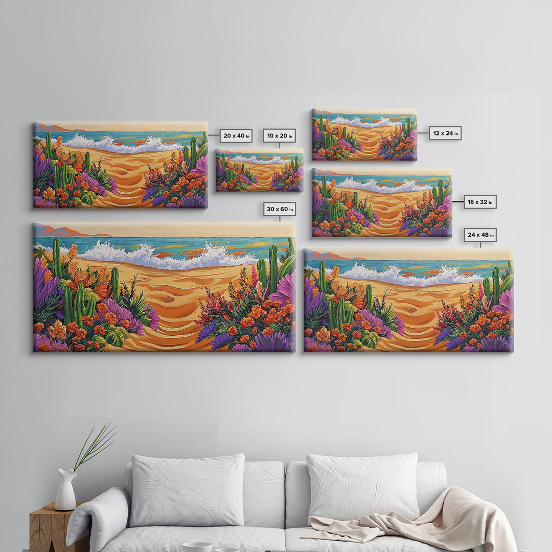 Beach Floral, Sunset, Cactus, Vibrant Desert Coastal Pathway Canvas Print, Entryway Wall Art, Boho Style Art, Tropical Beach Wall Decor