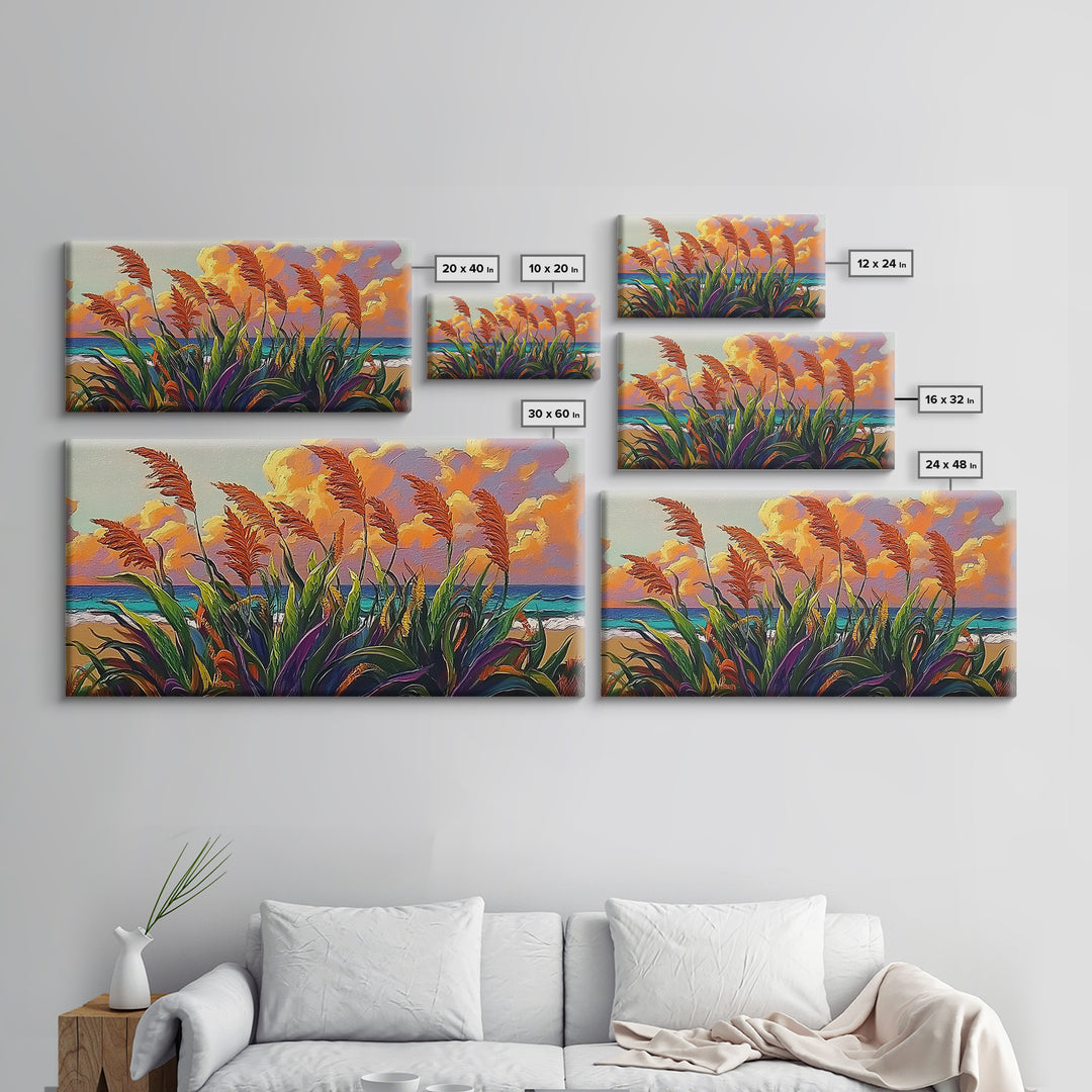 Coastal Sunset, Grasses, Canvas Print, Autumn Beach Landscape Art, Boho Living Room Wall Decor, Colorful Nature Painting