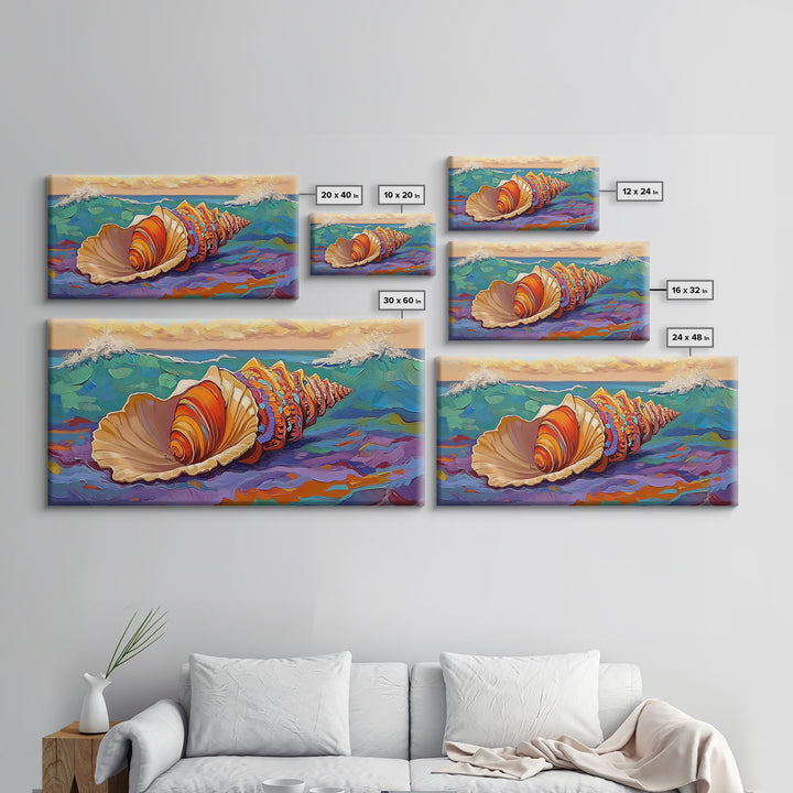 Seashell Ocean, Beach, Canvas Print, Nautical Bathroom Wall Art, Coastal Shell Decor, Vibrant Marine Painting, Seaside Home Style