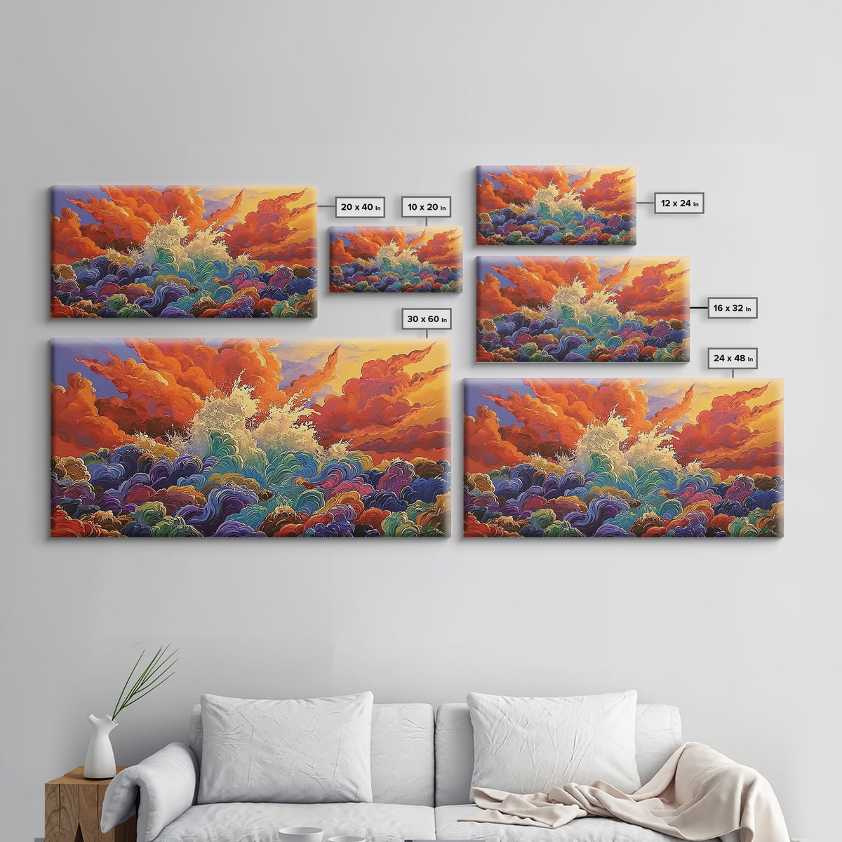 Waves Sunset, Abstract, Framed Canvas Print, Bold Ocean Explosion Art, Colorful Modern Wall Decor, Coastal Vibe Art Piece