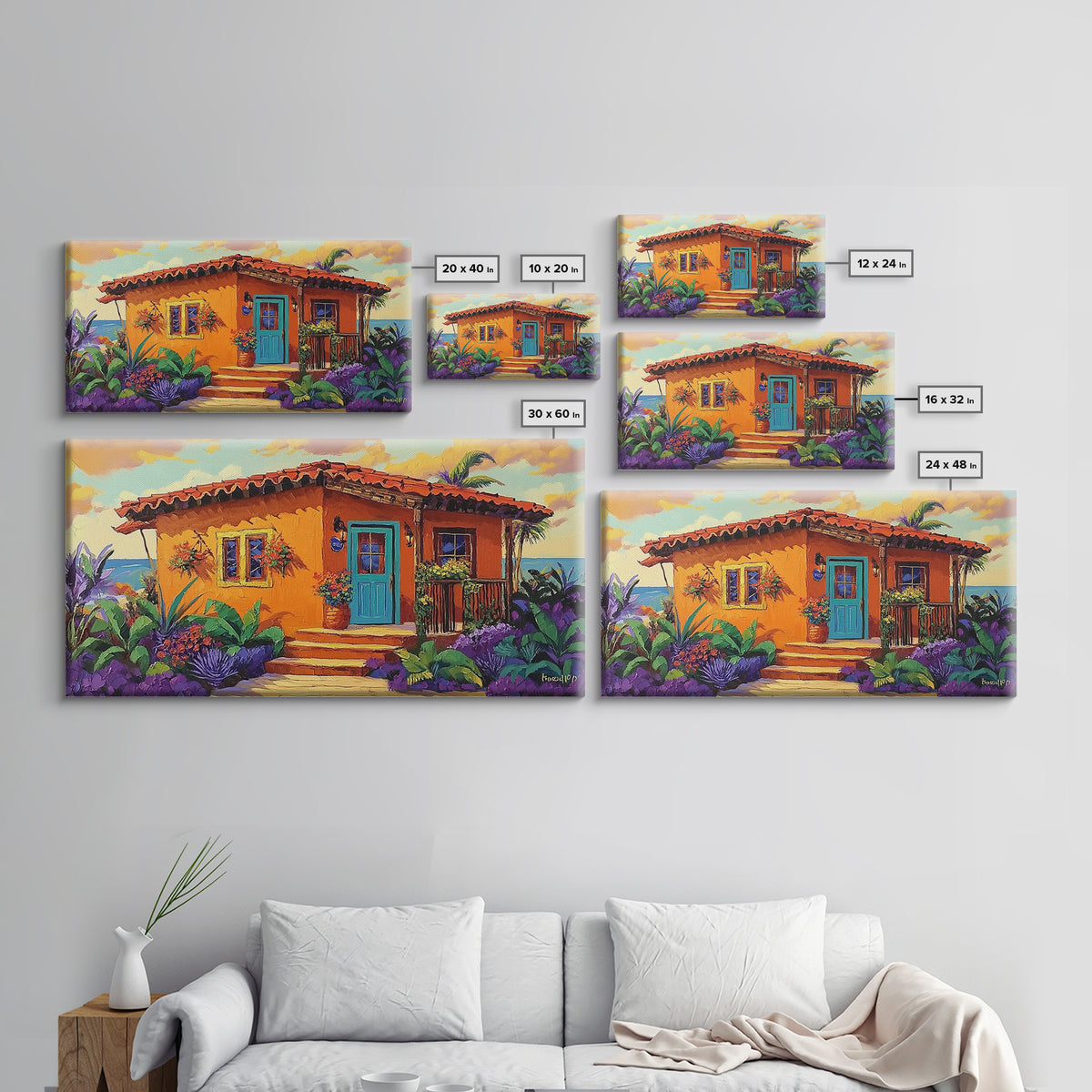 Casita Tropical, Sunset, Garden, Framed Canvas Print, Mexican villa painting, rustic kitchen decor, vibrant coastal house wall art